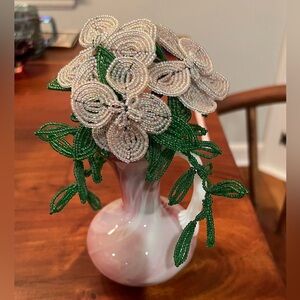 Vintage Beaded Flower Arrangement in Pink glass Vase.